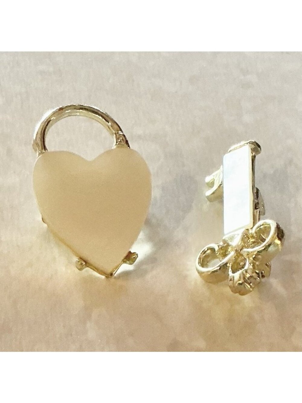 Vintage Mother Of Pearl 2 Piece Key & Heart Brooch Gold Tone Minimalist